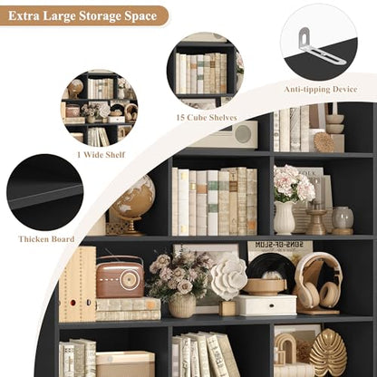 76” Tall Bookshelf with Storage, 6 Tier Black Bookcase with 16 Open Display Shelves, Triple Wide Large Bookshelves and Bookcases, Wood Book Shelf Storage Cabinet for Home Office (Black)