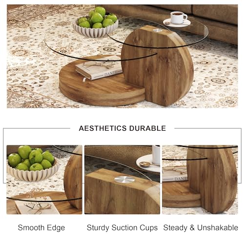 Glass Coffee Table, Modern Round Glass Coffee Table with Wooden Base, 3 Tier Round Coffee Table, Clear Cocktail Table with Storage for Living Room, Office, Balcony (42″ Wood)