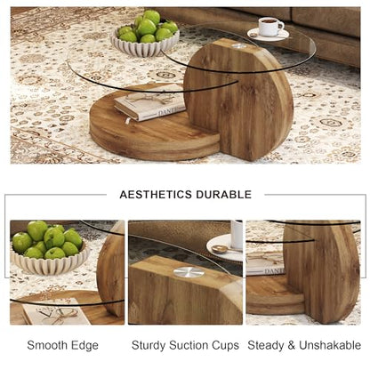 Glass Coffee Table, Modern Round Glass Coffee Table with Wooden Base, 3 Tier Round Coffee Table, Clear Cocktail Table with Storage for Living Room, Office, Balcony (42″ Wood)