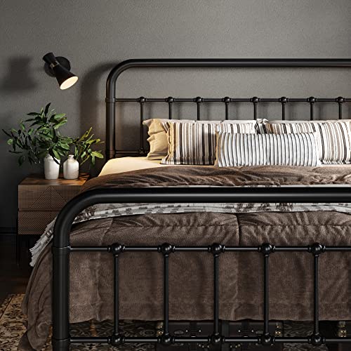 King Metal Bed Frame with Victorian Iron-Art Headboard, Black, view 5
