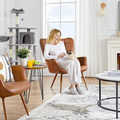 Yaheetech Accent Chairs, Large PU Leather High-Back Chair w/Metal Legs, Pottery Barn Style Living Room Chairs for Bedroom/Home Office, Camel