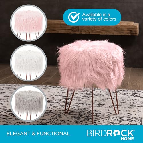 Pink Faux Fur Vanity Stool Chair - Soft Furry Compact Padded Seat - Vanity, Living Room, Bedroom and Kids Room Chairs - Hair Pin Metal Legs Upholstered Decorative Furniture Foot Rest