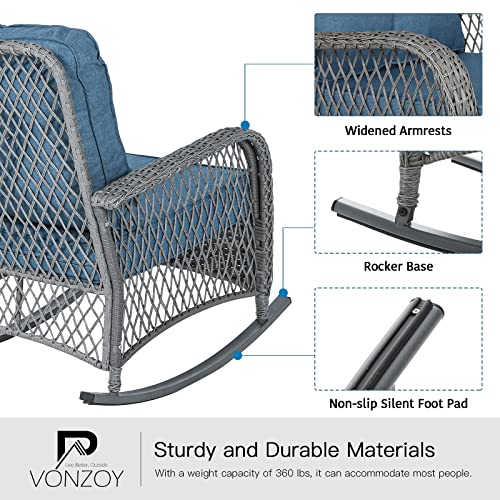 Patio Furniture Set 3 Pieces, Wicker Rocking Bistro Set with Thick Cushions, Outdoor Rocker Chairs and Coffee Table for Porch, Backyard or Garden (Blue)