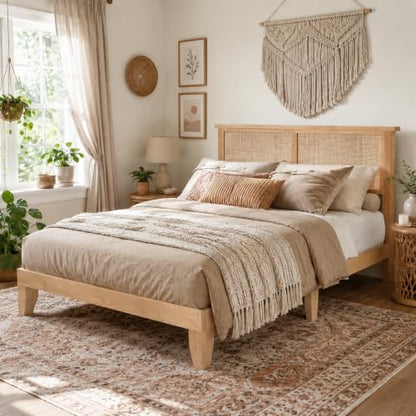 Eclectic Rattan Bed Frame with Natural Headboard & RGB LED Lights, Full Size, view 2