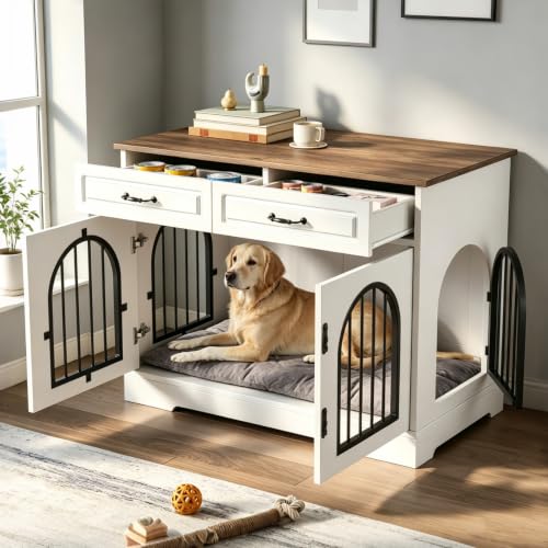 43.3" Dog Crate Furniture with 2 Storage Drawers & Side Access, view 3