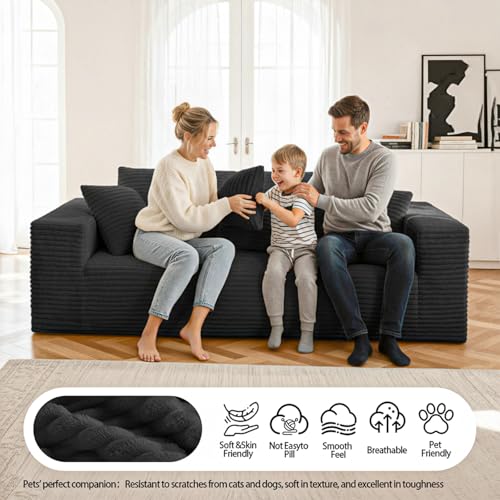 3-Seater Deep-Seat Corduroy Lounge Sleeper Sofa - No Assembly, Frameless Foam Cloud Couch for Living Room, Bedroom, Apartment, Dorm, Office