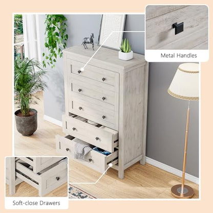 4 Pieces Farmhouse Bedroom Set, 1 X Wood Rustic 6 Drawer Storage Dresser, 1 X 5 Drawer Dresser, Nightstand Set of 2 with Charging Station, Farmhouse Bedroom Furniture Set, Rustic White