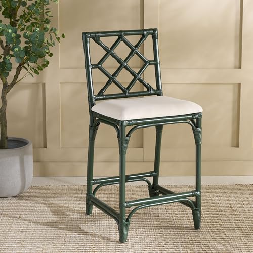 SAFAVIEH Furniture - Bhumi 23.6" Seat Height Counter Stool - White & Forest Green - Handwoven Rattan Design - Fully Assembled - Ideal for Kitchen, Dining Room & Kitchen Island (BST6511E)
