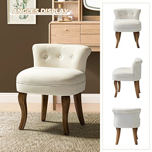 Velvet Vanity Stool with Low Back, Ivory | Small Modern Vanity Chair with Solid Wood Legs for Women Girls, Bedroom, Dressing Table