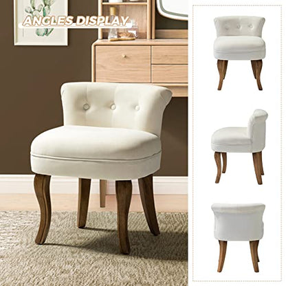 Velvet Vanity Stool with Low Back, Ivory | Small Modern Vanity Chair with Solid Wood Legs for Women Girls, Bedroom, Dressing Table