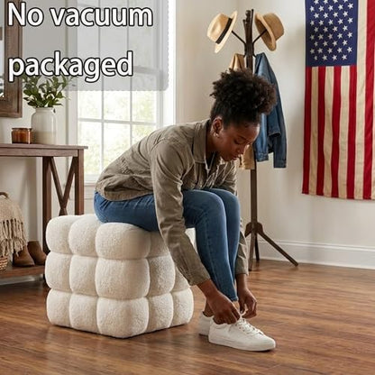 White Sherpa Square Ottoman - 17.3" Large Boucle Cube Pouf with Sturdy Wood Frame, 330lbs Capacity Modern Fuzzy Vanity Stool & Footrest for Living Room, Bedroom - Fully Assembled