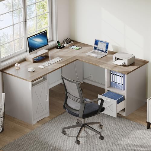 L Shaped Desk with Power Outlets, 60 Inch Computer Desk Corner Desk with File Drawer, Home Office Desk with Monitor Stand & Storage Shelves, L-Shaped Desk with File Cabinet, Grey Wash
