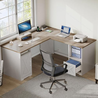L Shaped Desk with Power Outlets, 60 Inch Computer Desk Corner Desk with File Drawer, Home Office Desk with Monitor Stand & Storage Shelves, L-Shaped Desk with File Cabinet, Grey Wash