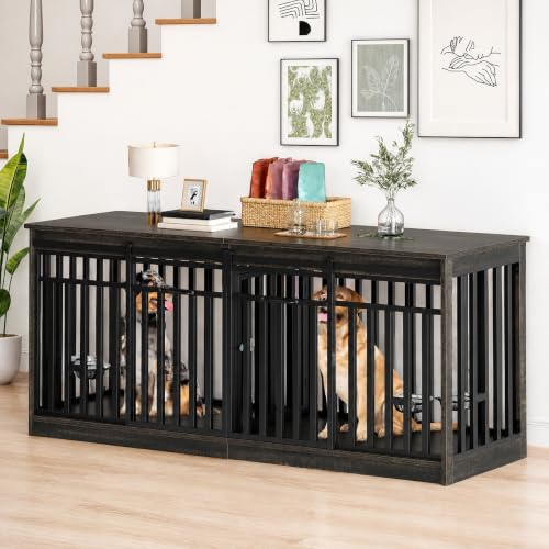 71" Heavy Duty Dog Crate Furniture for 2 Medium Dogs with Dog Bowls, view 8