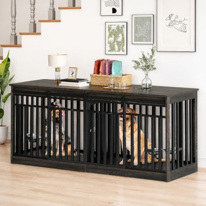71" Heavy Duty Dog Crate Furniture for 2 Medium Dogs with Dog Bowls, view 8