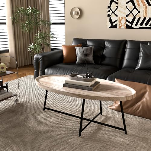 Modern Coffee Table, Oval Wood Coffee Tables Center Table with Metal Leg for Living Room, 47 Inch Living Room Table Accent Furniture (Oval Coffee Table, Nature)