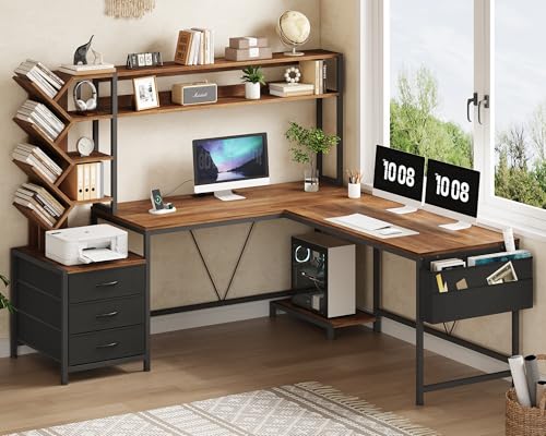 63" L Shaped Desk with Bookshelf, Drawers and Hutch for Home Office, view 4