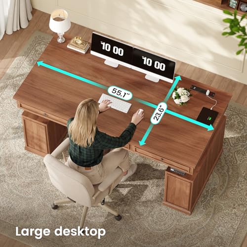 55.1" Farmhouse Executive Electric Standing Desk with 3 Drawers, view 7