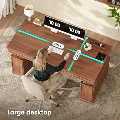 55.1" Farmhouse Executive Electric Standing Desk with 3 Drawers, view 7