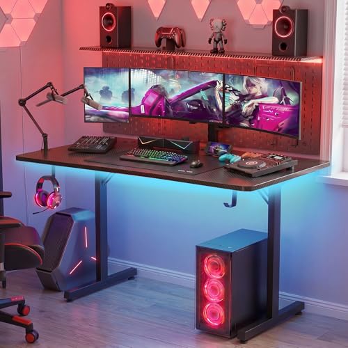 55 Inch Gaming Desk with LED Lights, Large Computer Desk with Mouse Pad for Home Office, T-Shaped Carbon Fibre Surface PC Game Workstations with Headphone Hook
