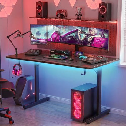 55 Inch Gaming Desk with LED Lights, Large Computer Desk with Mouse Pad for Home Office, T-Shaped Carbon Fibre Surface PC Game Workstations with Headphone Hook