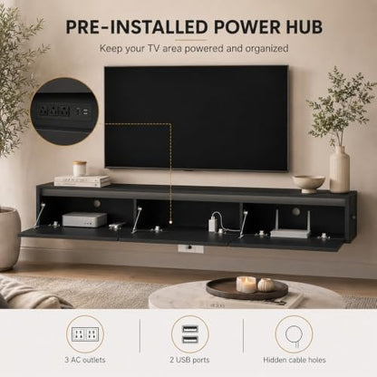 69" Fluted Floating TV Stand Wall Mounted with LED & Power Outlets Black, view 5