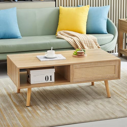 Rattan Coffee Table with Storage, Mid Century Modern Nature Wood | 41.3" Coffee Tables for Living Room, Wooden Coffee Table with Rectangle Top, Sliding Rattan Door, Solid Wood Legs