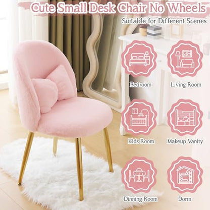 Fluffy Girls Vanity Chair with Back & Pillow,Cute Small Cozy Desk Chair No Wheels,Comfy Makeup Ch with Ajustable Gold Legs,for Bedroom,Living Room,Small Space,Pink