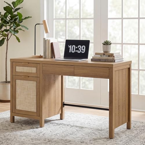 55" Rattan Desk with 3 Drawers - Wood Office Computer Desk with Storage Modern Boho Home Office Desks with Side Cabinet - Large Executive Desk Study Table for Bedroom, Living Room, Oak