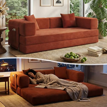 78.8" Convertible Sofa Bed with Armrest Pillow, 4-in-1 Sleeper Couch Bed for Livingroom, Modular Corduroy Boneless couches, No Assembly (Orange)