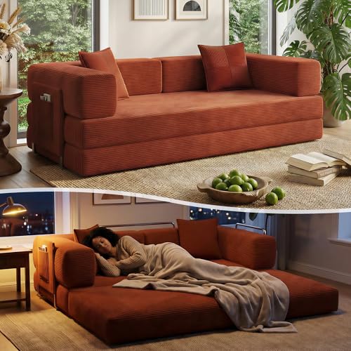 78.8" Convertible Sofa Bed with Armrest Pillow, 4-in-1 Sleeper Couch Bed for Livingroom, Modular Corduroy Boneless couches, No Assembly (Orange)