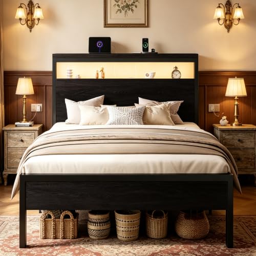 Twin Bed Frame, 2-Tier Storage Headboard, LED, Charging Station, view 2