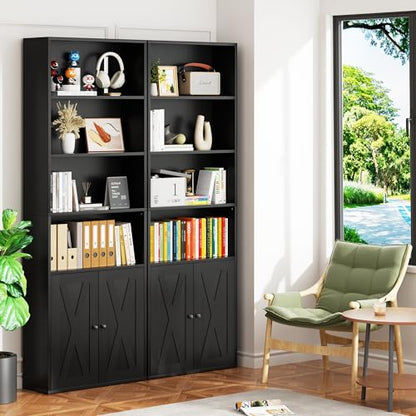 Farmhouse Bookcase with Doors & Storage, Tall 6-Tier Wood Bookshelf for Home Office Organization, Living Room Display, and Bedroom Storage Alternatives, 71-Inch Standing Shelf, Black