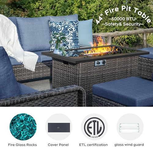 7 Seats Outdoor Patio Furniture Set with 44" Gas Fire Pit Table, Wicker Swivel Rocking Chairs Conversation Sets with Cushion, High Back Sectional Sofa with Gilder Chair for Yard Garden Porch, Blue