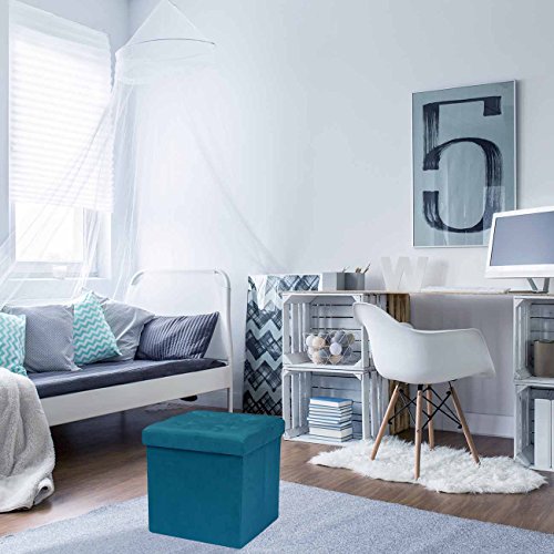 Storage Ottoman Foot Rest Cube– Small Folding Ottoman Bedroom Bench Chest 15 Inch Box Coffee Table, Shoe Storage, Foot Stool, Pouf Storage Ottoman, Seat, Suede Velvet Fabric - Teal Blue