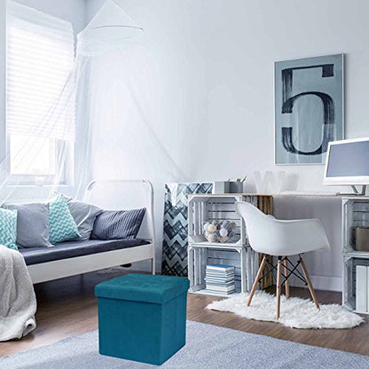 Storage Ottoman Foot Rest Cube– Small Folding Ottoman Bedroom Bench Chest 15 Inch Box Coffee Table, Shoe Storage, Foot Stool, Pouf Storage Ottoman, Seat, Suede Velvet Fabric - Teal Blue