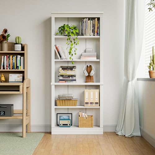 72" Bookcase and Bookshelf, 5-Tier Wood Bookcases with Shelves, Tall Floor Standing Book Shelf Storage Cabinet Home Decor Furniture for Living Room, Home Office 1 Pcs, White