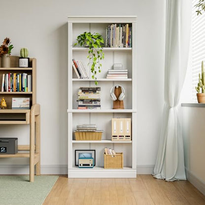 72" Bookcase and Bookshelf, 5-Tier Wood Bookcases with Shelves, Tall Floor Standing Book Shelf Storage Cabinet Home Decor Furniture for Living Room, Home Office 1 Pcs, White