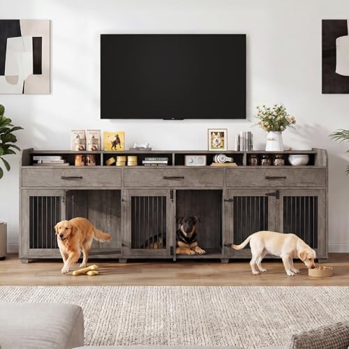 95" Large Dog Crate Furniture with Storage 3-Room Indoor Dog Kennel, view 2