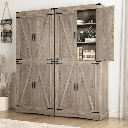 71" Tall Kitchen Pantry,Farmhouse Storage Cabinet with Adjustable Shelves,Load-Bearing Steel Pipe,Farmhouse Pantry Cabinet with 4 Barn Doors,for Kitchen,Dining Room,Living Room(Light Rustic Oak)