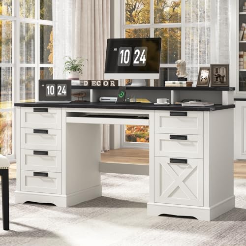 60" Farmhouse Executive Desk with 8 Drawers, Wood Computer Desk with Keyboard Tray and Charging Station, Home Office Desk Writing with File Drawer Fits A4 Size for Work and Study, White and Black