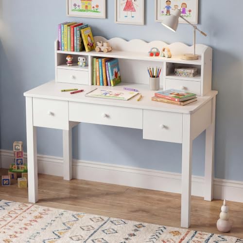 Writing Desk with Hutch, 40" Small White Desk for Girls, 5 Drawers, view 4