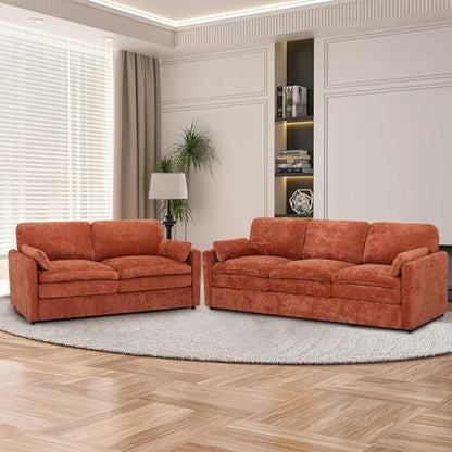 2 Pieces Chenille Sofa Set w/Arm Pillows, Upholstered Loveseat & 3 Seater Sofa w/Comfortable Back Cushions, Modern 2-Seat & 3-Seat w/High-Density Foam for Living Room, Apartment, Orange