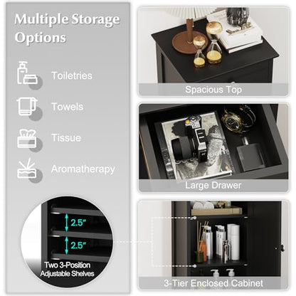 Bathroom Floor Cabinet, Free-Standing Single Door Storage Cabinet with Drawer & 2 Adjustable Shelves, Wooden 14”L Narrow Side Storage Organizer for Small Spaces, Living Room, Kitchen (Black)