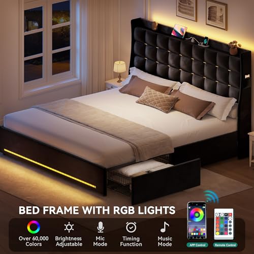 Queen Size Bed Frame with 4 Drawers and RGB LED Lights,USB Port, view 7