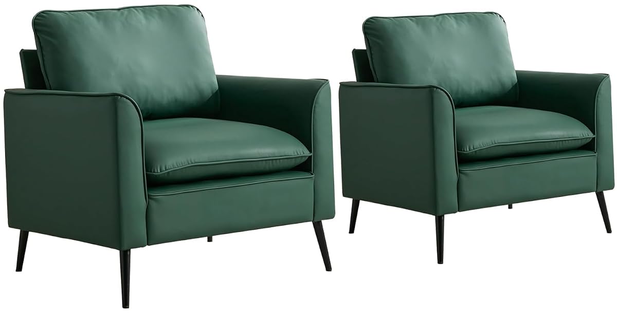 Modern Faux Leather Chair Set of 2, Oversized Arm Chair for Living Room, Mid-Century Accent Sofa for Bedroom Comfy, Upholstered Single Sofa Readingchair for Waiting Room and conference room,Green