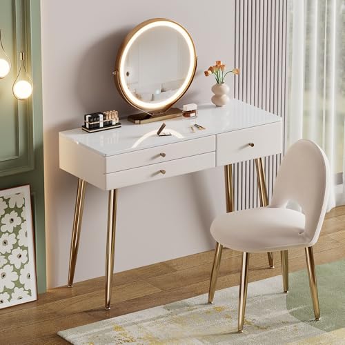 39" White and Gold Vanity with Lights and Chair, view 3