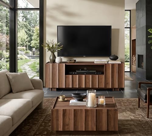 61" Mid Century Modern TV Stand with Storage, Wave Design, Walnut, view 6