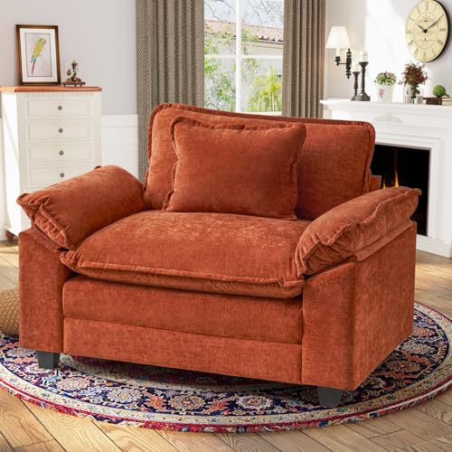 Oversized Accent Chair, Chenille Comfy Cloud Sofa Chair with Large Seat and Upholstered Armrests, Modern Extra Wide Armchair Reading Chairs for Bedroom, Living Room,Terracotta Orange