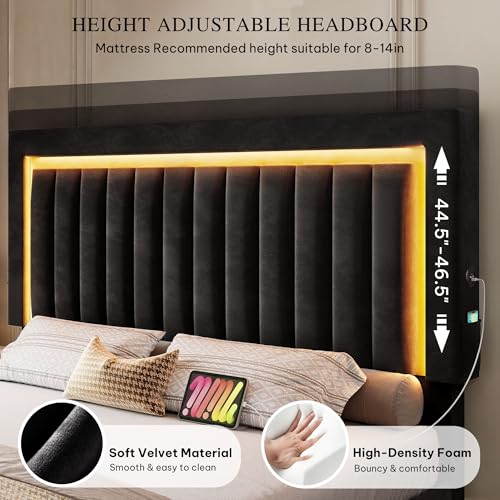 Queen Size Bed Frame with Adjustable Headboard, Black, view 5